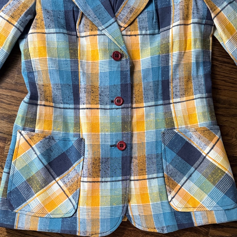 Vintage 70s Sears women’s Yellow and White Blue plaid pant suit - Picture 5 of 13